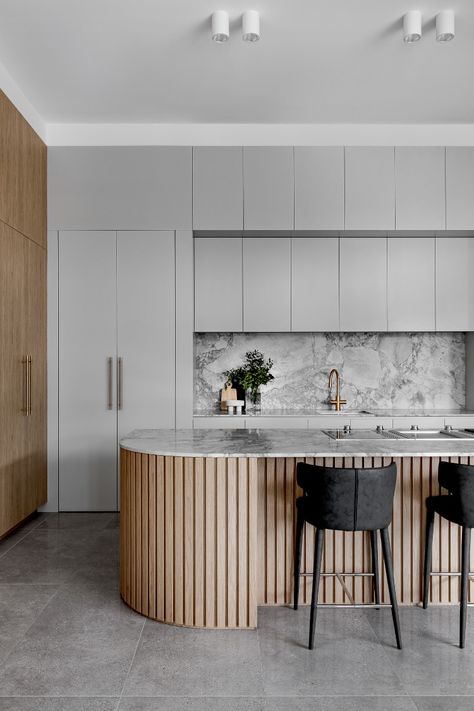 Designed & Manufactured by Vicello Kitchens Kitchen Joinery, Modern Coastal Kitchen, Modern Kitchen Open, Curved Kitchen, Kitchen Finishes, Open Plan Kitchen Living Room, Kitchen Concepts, Wood Accent, House Design Kitchen