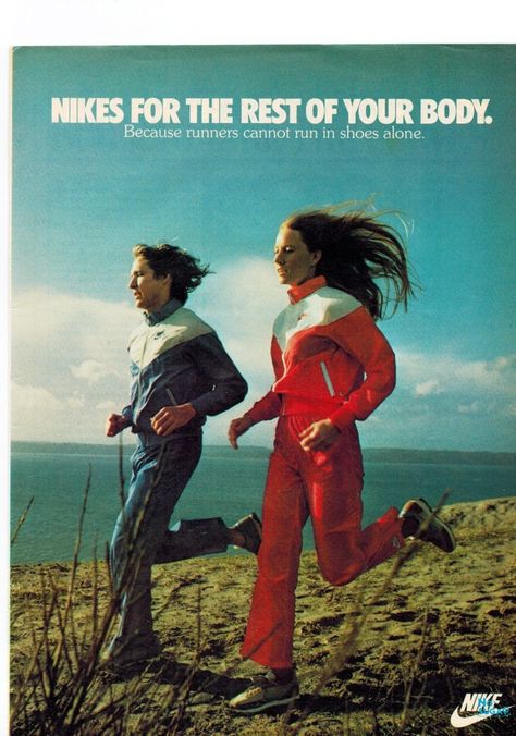 1980 US Nike clothing advert. Vintage Olympics Fashion, 1970s Athletic Wear, 90s Sportswear Fashion, 70s Sports Fashion, Vintage Nike Ads, 70s Athleisure, 70s Tracksuit, Vintage Sweatsuit, Vintage Sports Aesthetic