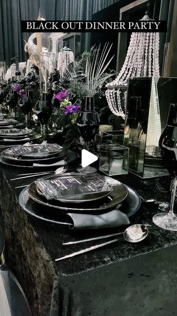 Wedding & Event Planner on Instagram: "Shades of black dinner party for our clients #33birthday with 33 of his closest friends and family!   Event Planning @ticaroseevents  #styledbyTRE #ticaroseevents" All Black Event, All Black Table Setting, Black And Silver Dinner Party Decor, Classy Party Ideas, Intimate Dinner Party, All Black Dinner Party Decor, Black And White Dinner Party, All Black Party Theme, Black Tie Birthday Party