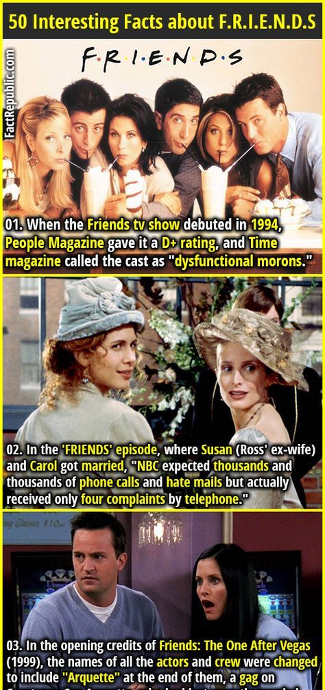 1. When the Friends tv show debuted in 1994, People Magazine gave it a D+ rating, and Time magazine called the cast as "dysfunctional morons." 2. In the 'FRIENDS' episode, where Susan (Ross' ex-wife) and Carol got married, "NBC expected thousands and thousands of phone calls and hate mails but actually received only four complaints by telephone." Tv Show Friends, Twin Names, Friends Best Moments, Roblox Meme, Facts About People, 2020 Memes, Celebrity Memes, Friends Episodes, Friends Cast