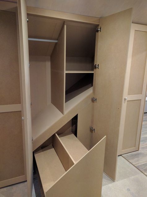 Bulkhead Wardrobe Ideas, Wardrobe Over Stairs Bulkhead, Stair Box In Bedroom, Stairs Bulkhead, Spare Room Walk In Closet, Stair Well, Box Room, Fitted Wardrobes, Spare Room