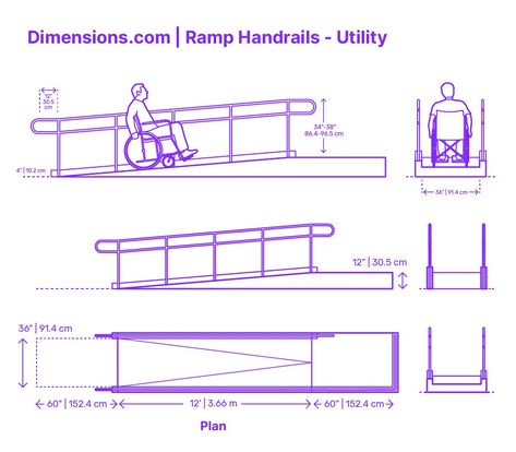 Utility ramp handrails are common all-in-one safety components used along any accessible ramp that typically provide user assistance and protection from falling off a ramp. As free-standing elements, utliity handrails must double as both an assistive handrail and a guardrail that prevents users from accessing the edge of the ramp. Downloads online #ramps #buildings #ADA Ramp Architecture Design, Parking Ramp Design, Ramp Architecture, Ada Ramp Design, Ramp And Stairs Combined, Ramp For Wheelchair, Ramp Plan Architecture, Ramp Dimensions Plan, Ramps For Wheelchairs