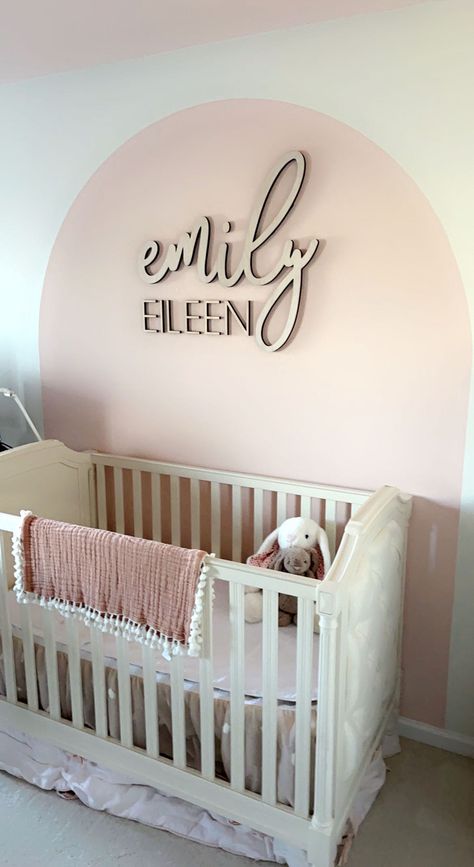 Beautiful pink arch nursery accent wall with wooden mame sign from Mod Wood Co 30" size emily- lavender font, natural stain EILEEN- daffodil font, natural stain