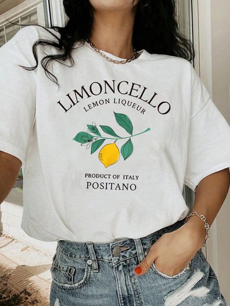 SHEIN EZwear Women's Lemon Printed Slogan Round Neck Short Sleeve Casual T-Shirt, SummerI discovered amazing products on SHEIN.com, come check them out! Vegetable Plants, Lemon Print, Women T Shirts, Casual T Shirt, Positano, Amalfi Coast, White Casual, Amalfi, Top Casual