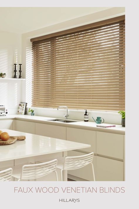 Warm Wooden Blinds in an all white modern kitchen space. Kitchen Blinds Ideas Above Sink, Above Sink Light, Wooden Blinds Kitchen, Kitchen Blinds Ideas, Blinds Kitchen, Faux Blinds, Modern Shutters, Room Blinds, Kitchen Environment