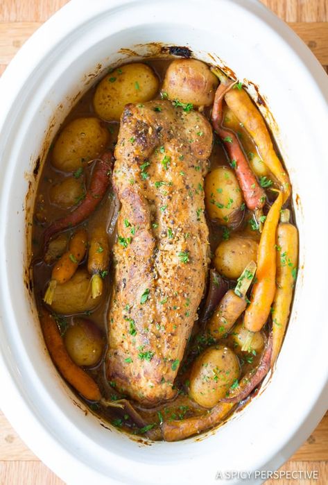 Crock Pot Pork Loin with Vegetables and Gravy | ASpicyPerspective.com Crock Pot Pork Tenderloin With Veggies, Tenderloin And Potatoes Recipes Crockpot, Crockpot Pork Loin With Veggies, Pork Loin Potatoes Crock Pot, Pork Loin And Veggies Crock Pot, Crockpot Pork And Potatoes, Pork Tenderloin And Veggies In Crockpot, Pork And Potatoes Crock Pot, Pork Loin Recipes Slow Cooker