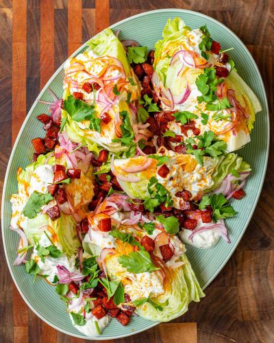 Loaded Wedge Salad with Blue Cheese & Chorizo - ALDI UK Aldi Salad, Salad Wedge, Salad With Blue Cheese, Chorizo Recipe, Bbq Side, Chorizo Recipes, Vegetarian Salad Recipes, Wedge Salad, Red Onion Salad