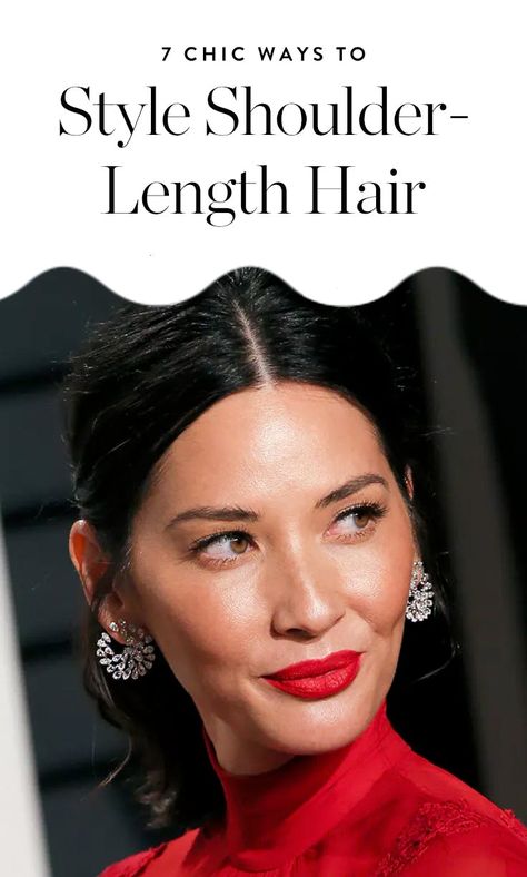 7 Chic Ways to Style Shoulder-Length Hair via @Pur… Ponytail Hairstyles Medium Hair Shoulder Length, Romantic Hairstyles Shoulder Length, Shoulder Length Hair Ponytail, Shoulder Length Formal Hairstyles, Medium Length Styles, Shoulder Length Black Hair, Shoulder Length Hair Cuts With Bangs, Styles For Fine Hair, Fall Haircuts