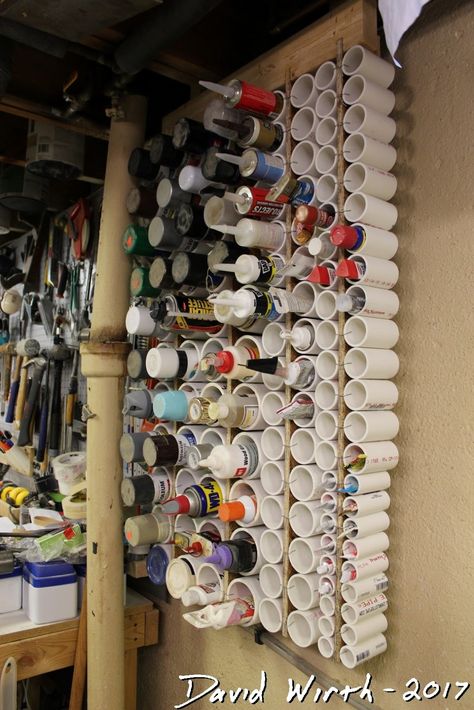 Organize Paint, Pvc Bird Feeder, Pvc Pipe Storage, Pvc Crafts, Easy Garage Storage, Craft Paint Storage, Pvc Railing, Clean Clutter, Garage Workshop Organization