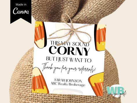 Instantly download and FULLY customize our Modern Candy Corn Gift Tag Template (All editable in Canva FOR FREE)! 💻 😆Hey boss lady! CONGRATULATIONS on starting or furthering your journey of becoming your own Woman Boss! #womanbossbound 😎Already a Woman Boss? YOU GO GIRL! Let's help take your business to the next level! #levelup💪 This Candy Corn Gift Tags were designed with busy Real Estate Brokers like YOU in mind. This template includes 2 Pages  FULLY customizable and SUPER SIMPLE to use in Fall Marketing Ideas Healthcare, Fall Pop Bys Real Estate, Primary Teachers Gifts, Client Appreciation Gifts, Thanksgiving Favors, Real Estate Postcards, Marketing Gift, Tag Templates, Healthcare Marketing