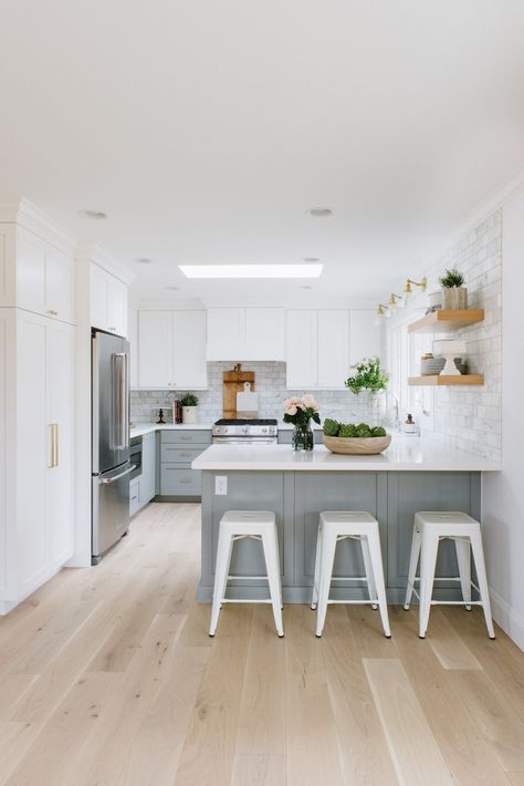 White Cabinets Kitchen Light Floors, Quartz For White Kitchen Cabinets, Kitchen With Connected Island, Light Blue Lower Cabinets White Upper, Light Floors White Cabinets, Dual Tone Kitchen, Dual Tone Kitchen Cabinets, Small Kitchen Makeovers, Grey Floors