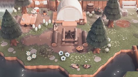 Briar 🌷 on Instagram: “🌲 Updated campsite 🌲 I’ve transitioned go a new version of The Path and am loving it so much! P.S. can anyone guess who’s in here? I’m…” Acnh Campsite Ideas Cottagecore, Camp Site Animal Crossing Ideas, Acnh Peninsula Campsite, Acnh Campfire Design, Acnh Campsite Path Code, Acnh Island Designs Campsite, Acnh Bear Picnic, Camp Site Ideas Animal Crossing New Horizon, Camp Site Acnh Ideas