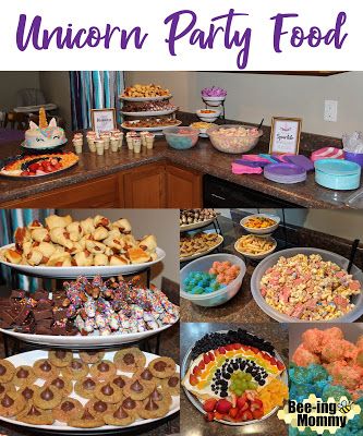 Magical Unicorn Birthday Party Food - Rainbow snacks and unicorn horn shape food Unicorn Dinner Ideas, Unicorn Birthday Party Meal Ideas, Unicorn Birthday Party Finger Foods, Rainbow Unicorn Food Ideas, Unicorn Birthday Party For 1st Birthday, Food For A Unicorn Birthday Party, Unicorn Birthday Party Snack Ideas, Food Ideas For Unicorn Birthday Party, Fall Unicorn Party