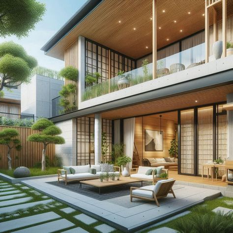 Modern Japanese Home Modern Japanese House Exterior, Japanese House Exterior, Modern Japanese Design, Modern Japanese Homes, Modern Japanese House, Modern Japanese Style, Herb Garden Pots, Japanese Home Design, Traditional Japanese Architecture