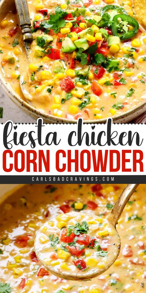 Enjoy Fiesta Chicken Corn Chowder for a delicious family friendly dinner! This quick and easy chicken dish is made in one pot and takes less than 30 minutes. With Mexican seasonings, chicken breasts, cream style corn, sweet corn, fire roasted diced tomatoes, and green chilies, you’ll love it! Creamed Corn Soup Recipes, Mexican Chicken Corn Chowder Soup, Green Chili Chicken Corn Chowder, Mexican Corn Chicken Soup, Cheesy Chicken Corn Chowder, Mexican Corn Chowder Recipe, Chicken Corn Chowder Crock Pot, Chicken Corn Soup Recipes, Mexican Chicken Corn Chowder