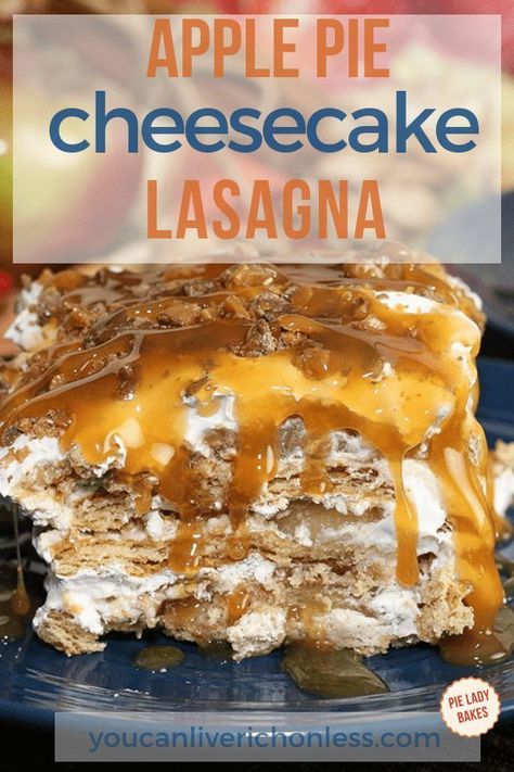 You will love how easy this no bake apple pie lasagna comes together, and the taste is out of this world! We layer graham crackers, apple pie filling, whipped cream, chocolate toffee and even a cheesecake layer to create this amazing dessert, that's perfect for the holidays! #youcanliverichonless #applepie #lasagna #holidaydesserts #easyrecipes Apple Pie Lasagna, No Bake Apple Pie Lasagna, Apple Lasagna, Caramel Apple Lasagna Recipe, Carmel Apple No Bake Cheesecake, Carmel Apple Cinnamon Roll Lasagna Recipe, Cheesecake Lasagna, Quick Apple Dessert, Apple Pie Cheesecake