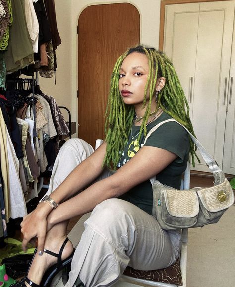 Green And Blonde Locs Black Women, Green Locs Black Women, Lilith Story, Dark Green Locs Black Women, Green Dreads Men, Dark Green Locs, Green And Blue Locs Black Women, Green Box Braids, Blackgirl Aesthetics