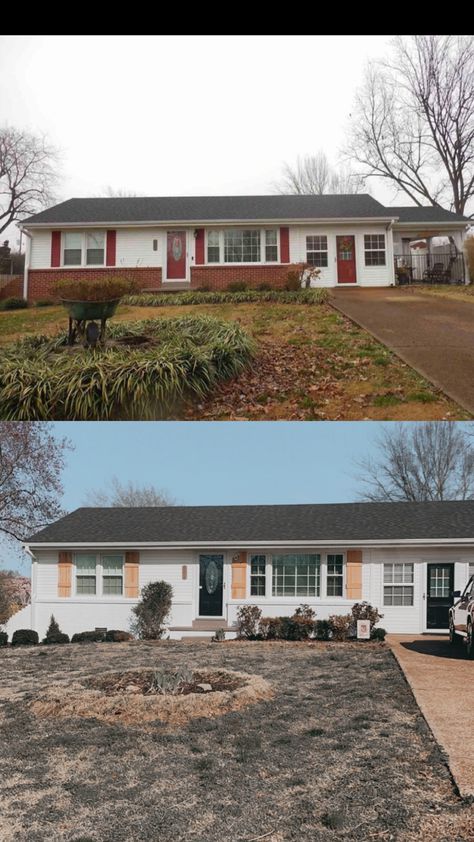 Half Brick House Exterior Makeover, White House With Red Brick Accents, Red Brick White Siding Makeover, Red Brick Before And After, Red Brick Transformation, Painted Brick With White Siding, Red Brick Painted White, Half Brick Exterior, Half Brick Ranch Exterior