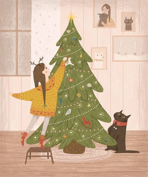 Christmas illustration, new year, cat art, Christmas tree decoration, digital art Christmas Vintage Art, Christmas People, Decorating A Christmas Tree, People Png, New Year Illustration, Winter Illustration, Vintage Illustrations, Baby Christmas, In The Room