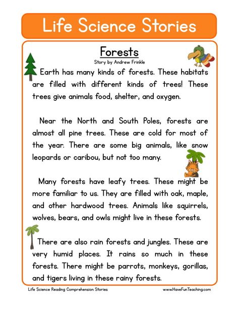 This Reading Comprehension Worksheet - Forests is for teaching reading comprehension. Use this reading comprehension story to teach reading comprehension. Forest Worksheets For Kids, Science Reading Comprehension, First Grade Reading Comprehension, Reading Comprehension For Kids, Teaching Reading Comprehension, English Stories For Kids, Reading Comprehension Lessons, Science Stories, Science Reading