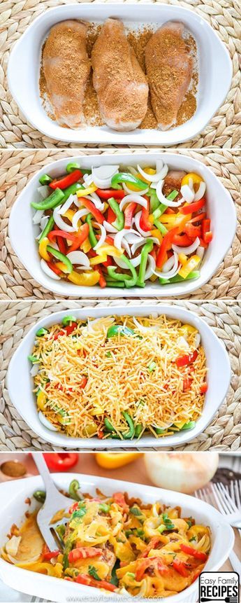 Chicken Fajita Bake- So easy and delicious! Baked Chicken Fajitas, Easy Baked Chicken, Chicken Fajita, Idee Pasto Sano, Easy Family Meals, Fajitas, Baked Chicken, Pita, Yummy Dinners