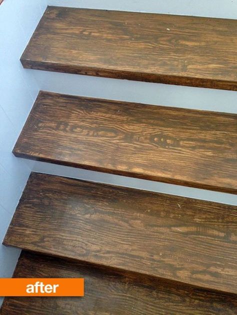 Before & After: Sarah's Stairs Go Faux (In The Best Way Possible) | Apartment Therapy Faux Wood Paint, Faux Wood Flooring, Wood Stair Treads, Stairs Renovation, Stair Makeover, Fake Wood, Oak Stairs, Wooden Steps, Painted Stairs