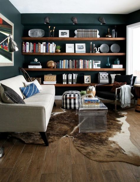 The Best Dark Green Paint Colors To Use in Your Home! • Project Allen Designs Dark Living Rooms, Wood Bookshelves, Living Modern, Green Paint Colors, Floating Shelves Diy, Living Room Shelves, Trendy Living Rooms, Room Shelves, Rustic Living Room