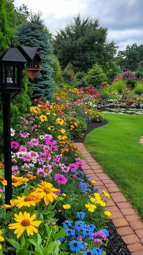 Garden Lovers Colorful Flower Garden Ideas, Front Flower Garden Ideas, Farmhouse Flower Garden, Cute Flower Garden Ideas, Garden Inspo Backyards, Backyard Flower Garden Ideas Landscaping, Flowers In Backyard, Backyard Rose Garden, Backyard Flower Garden Ideas