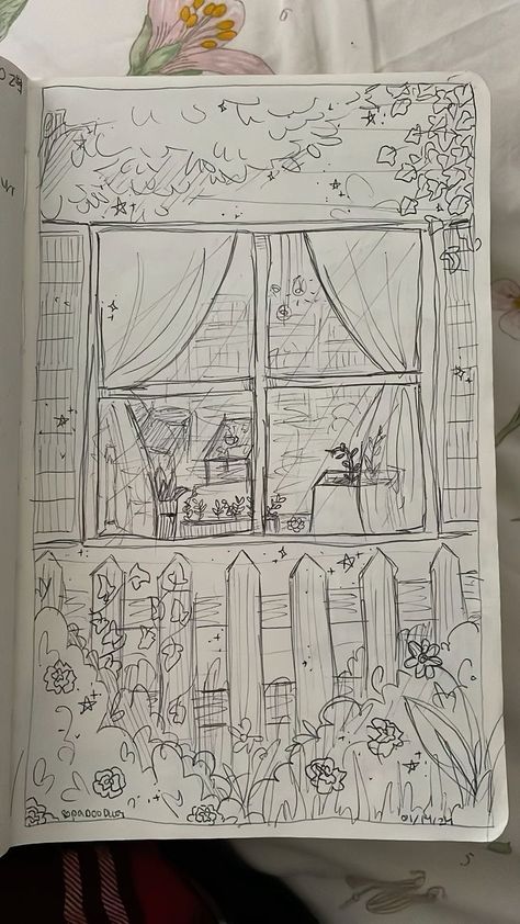 Sketch Book Ideas Aesthetic Cartoon, Full Page Drawings Sketchbooks, Art Buildings, Sketchbook Doodles, Aesthetic Architecture, Garden Drawing, Cute Sketches, Architecture Drawing Art, Sketchbook Art Journal