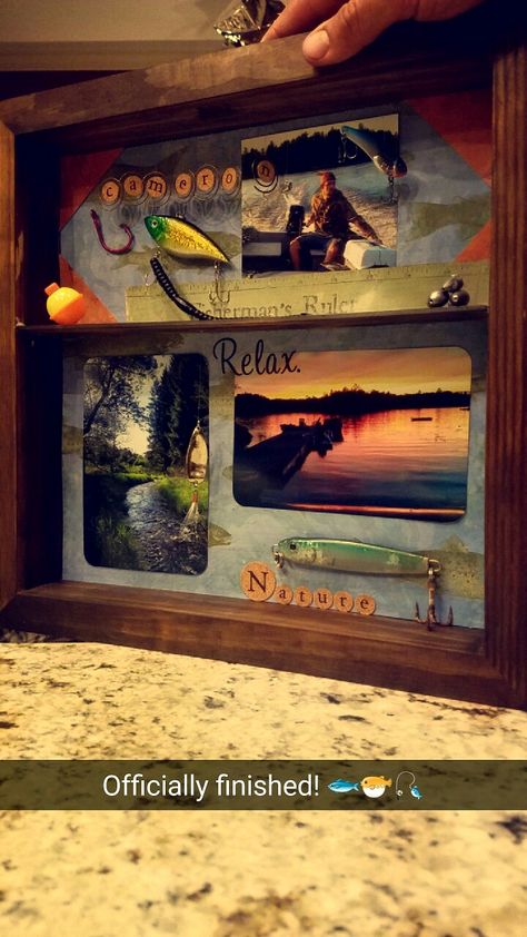 Fisherman's shadow box I made, Cam LOVED it Fishing Shadow Box Ideas Diy, Hunting Shadow Box Ideas, Fishing Shadow Box Ideas, Teenage Hangout, Log Crafts, Shadow Box Ideas, Shell Projects, Wooden Things, Fishing Art