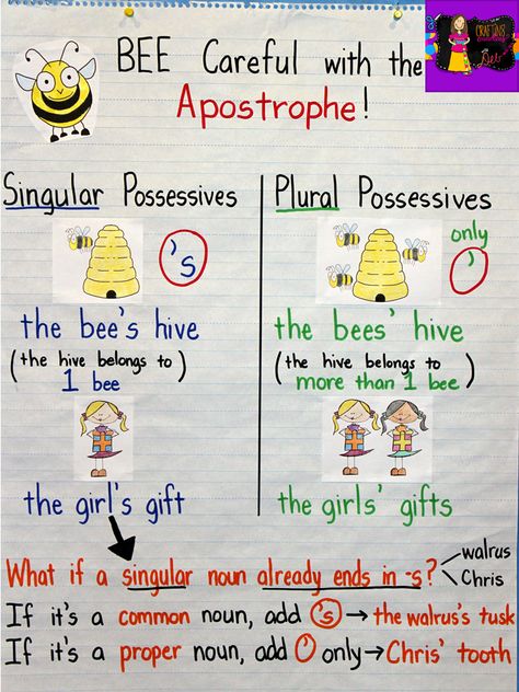 Apostrophe in Possessives Anchor Chart- Singular vs. Plural Possessive Apostrophe Activities, Possessive Apostrophe, Apostrophe S, Possessive Nouns, Classroom Anchor Charts, Study English, 4th Grade Writing, Writing School, Reading Anchor Charts