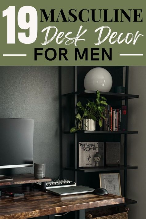 cool desk accessories for men Masculine Desk, Home Office Decor For Men, Masculine Office Decor, Office Decoration Ideas, Masculine Home Office Ideas, Office Wall Colors, Masculine Home Office, Modern Office Interior, Male Office Decor