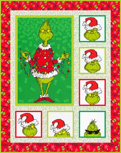 Grinch Quilts Ideas, Robert Kaufman Fabrics Free Pattern, Grinch Quilt, Quilt Videos, Fun Quilts, Grinch Crafts, Der Grinch, Quilt Backs, Panel Ideas