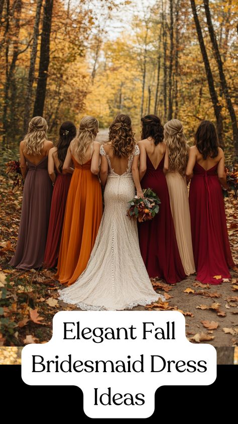 A group of bridesmaids wearing elegant fall dresses in rich autumn tones, standing outdoors in a scenic autumn setting with leaves on the ground, showcasing timeless styles perfect for cooler weather. Country Fall Bridesmaid Dresses, Autumnal Wedding Bridesmaids, Country Themed Bridesmaid Dresses, Bridesmaid Dresses October Wedding, Copper Dresses Bridesmaid, Rustic Barn Wedding Bridesmaid Dresses, Outdoor Fall Wedding Dress The Bride, Wedding Party Rust Color, Bridesmaid Dresses Autumn Color Palettes