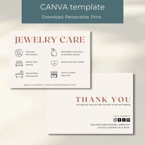 Jewelry Care Card Template, Jewelry Giveaway Ideas, Jewelry Branding Design, Jewellery Packaging Ideas, Thank U Card, Jewellery Care Card, Jewelry Business Card, Jewelry Care Card, Jewelry Packaging Design