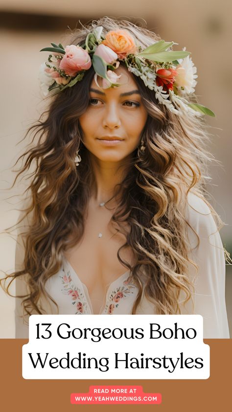 A stunning bride with loose, wavy hair styled in a boho chic look, adorned with delicate floral accessories, perfect for a bohemian-inspired wedding. Boho Wedding Hairstyles Updo, Beach Wedding Hair Flowers, Boho Bride Hairstyles, Boho Chic Hair, Boho Wedding Hairstyles, Bride Wreath, Romantic Braid, Boho Chic Hairstyles, Chic Ponytail