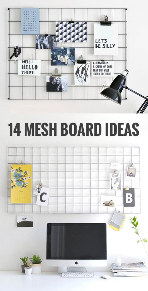 14 mesh board ideas / Memo board ideas / Grid mood board ideas Study Table Grid Decor, Grid Board Ideas Aesthetic, Wall Grid Inspiration, Wire Board Decor, Grid Board Ideas, Desk Grid Board, Desk Grid, Wire Memo Board Ideas, Memo Board Ideas