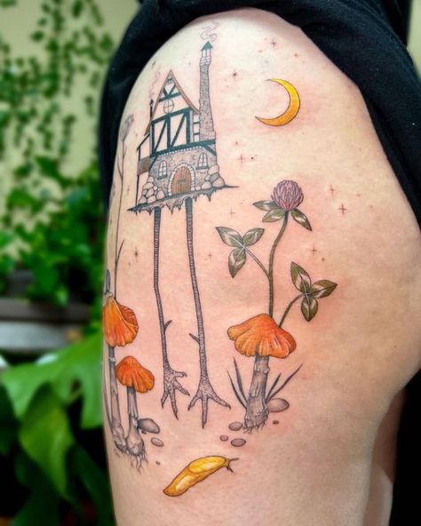 Childrens Book Tattoo, Storybook Tattoo, Baba Yaga Tattoo, Snail Tattoo, Random Tattoos, Lotr Tattoo, Mushroom Tattoos, Botanical Tattoo, Baba Yaga