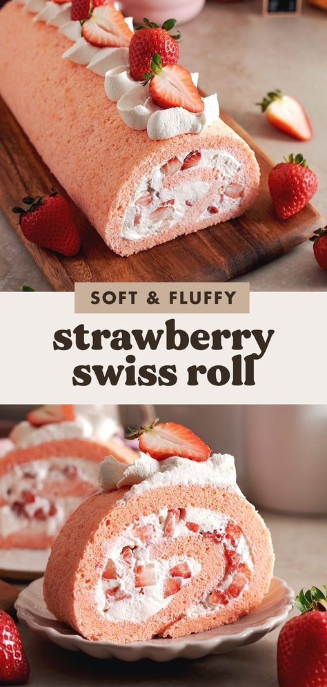 This strawberry swiss roll cake is made with a soft and fluffy chiffon cake wrapped around airy whipped cream and fresh strawberries. It's a pretty pink cake that tastes like you're eating a cloud! #swissroll #rollcake #strawberrycake #chiffoncake | teakandthyme.com Strawberry Cream Roll, Unicorn Swiss Roll Cake, Pink Swiss Roll, Strawberry Cake Rolls, Strawberry Log Cake, Strawberry Crunch Cake Roll, Italian Cream Cake Roll, Decorated Swiss Roll Cake, Strawberry Swiss Roll Cake