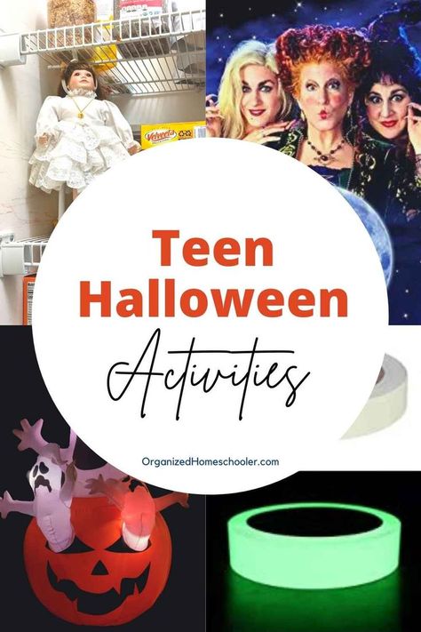 Teen Halloween Activities written in front of 4 Halloween ideas - doll on the wall, Hocus Pocus, outdoor Halloween decor, and glow in the dark tape Fun Teen Halloween Games, Middle School Halloween Dance Ideas, Halloween At Home Ideas, High School Halloween Activities, Middle School Halloween Party Ideas, Fun Halloween Activities For Teens, Halloween Ideas For Teens, Halloween For Teens, Halloween Party For Teens