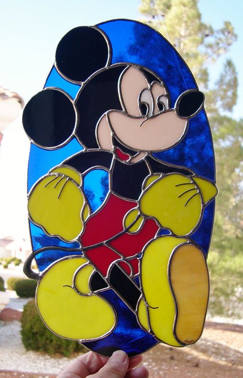 Mickey Mouse stained glass Stained Glass Mickey Mouse, Disney Stained Glass, Always Smiling, Stained Glass Church, Painted Glass Art, Mosaic Stained, Glass Art Projects, Stained Glass Suncatchers, Stained Glass Diy