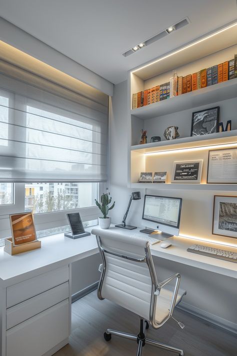 Serene & Stylish Home Office: A Modern Setup for Peak Productivity White Office Setup, Dual Office Ideas Home, Corner Desk Setup, Standing Desk Setup, White Corner Desk, White Bookshelf, Stylish Home Office, Desk Lighting, White Bookshelves