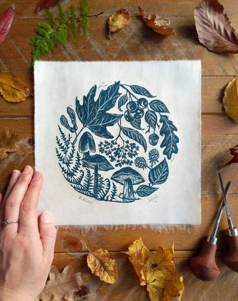 Autumn Linoprint. Hand-pulled Botanical Print in A Choice of - Etsy UK Autumn Lino Print, Autumn Linocut, Linoprint Art, Lino Print Ideas, Lino Cut Art, Printmaking Linocut, Lino Block, Lino Cuts, Lino Printing