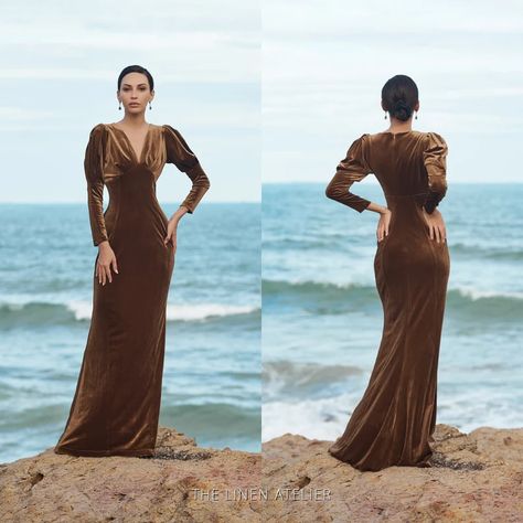 Brown Long Dress Elegant, Velvet Gown Evening Dresses Long Sleeve, Velvet Bridesmaid Dresses Winter, Fall Formal Dresses Wedding Guest, Formal Wedding Guest Dress Winter, Velvet Gown Evening Dresses, Champagne Velvet Dress, Bridesmaid Dress Velvet, Long Sleeve Velvet Gown