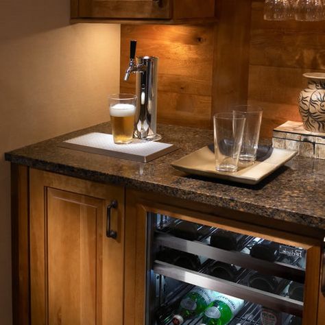 Built-In Kegerators Built In Kegerator, Bar With Kegerator Built Ins, Kegerator Ideas, Kegerator Cabinet, Bar Remodel, Modern Mansion Interior, Rustic Basement Bar, Basement Wet Bar, Inside Bar