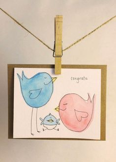 Handmade Congrats on your New Baby  Girl or Boy  by rewersdesigns, $5.00 Diy Watercolor Cards, Painted Cards, Baby Cards Handmade, Baby Boy Cards, Baby Shower Art, Baby Boy Announcement, Watercolor Birds, Boy Cards, Baby Themes