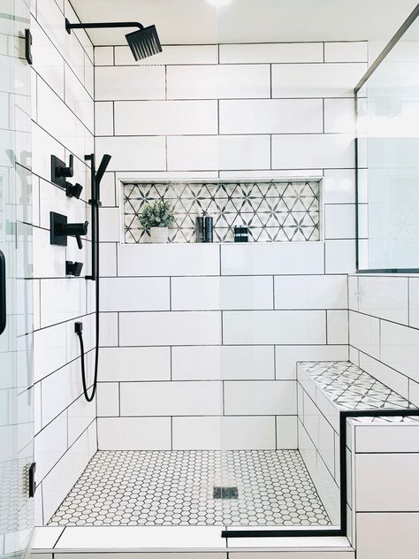 Custom tile shower with a channel niche and built-in bench… Shower With Shelf In Wall, Long Shower Niche Ideas, Showers With Built In Benches, Shower Tile Bench, 4x5 Shower With Bench, Shower Pocket Shelf, Shower Tile Shelves, Small Custom Shower Ideas, Walk In Shower With Niche