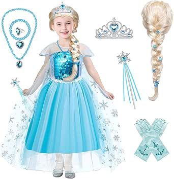 Tacobear Elsa Costume for Girls Kids Elsa Wig Blue Crown Glove Princess Dress Up Accessories Birthday Cosplay Outfit Elsa Dress For Kids, Frozen Dress Up, Elsa Wig, Disney Princess Dress Up, Elsa Frozen Costume, Frozen Elsa Dress, Costume For Girls, Baby Costumes Girl, Frozen Dress