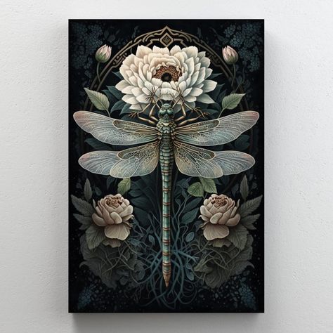 August Grove® Roses And Dragonfly On Canvas Print | Wayfair Symmetrical Painting, Steampunk Bathroom, Harmony Art, Dragonfly Art, Paper Butterflies, Art Plaque, Illustration Vintage, Yellow Purple, Canvas Home