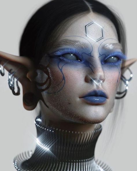 Top 10 Alien Halloween Makeup Looks For Unearthly Elegance Alien Futuristic Aesthetic, Futuristic Fashion Makeup, Dark Alien Aesthetic, Alien Aesthetic Makeup, Cybersigilism Makeup, Cyberpunk Makeup Ideas, Sci Fi Fantasy Aesthetic, Futuristic Makeup Sci Fi, Alien Makeup Halloween